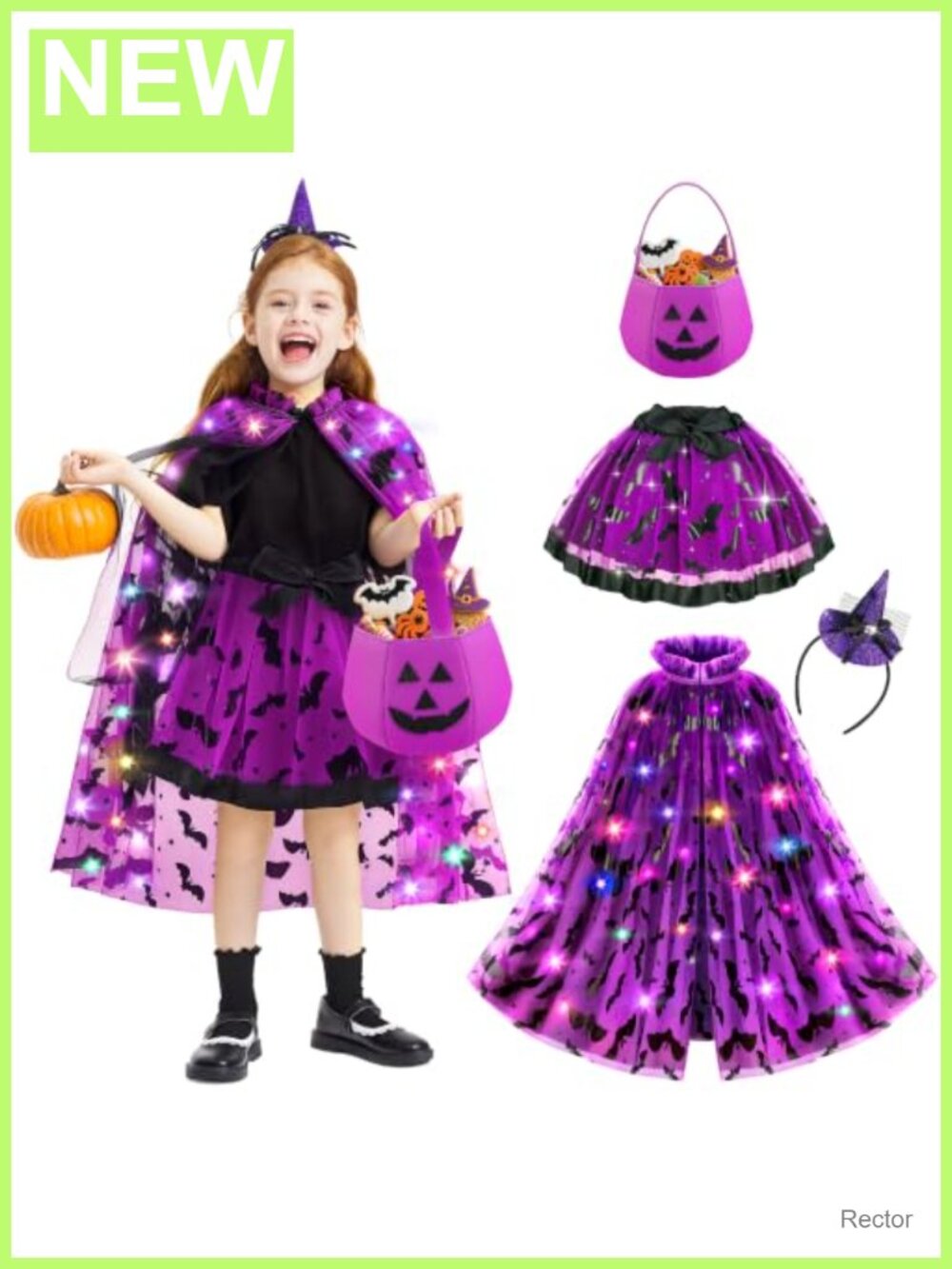 Light Up Witch Cape Halloween Costume Set Girls Tutu Skirt Headband